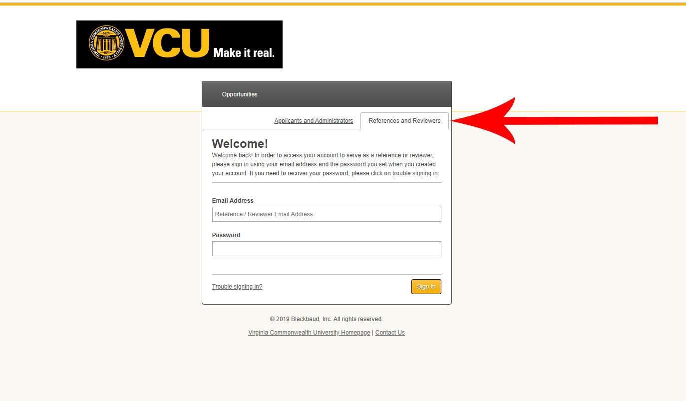A screenshot of the sign-on page of the V.C.U. online scholarship system indicating that reviewers should click on the 'References and Reviewers' tab in order to access the form.