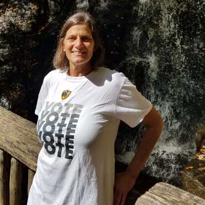 jo murphy wearing a v.c.u. vote shirt